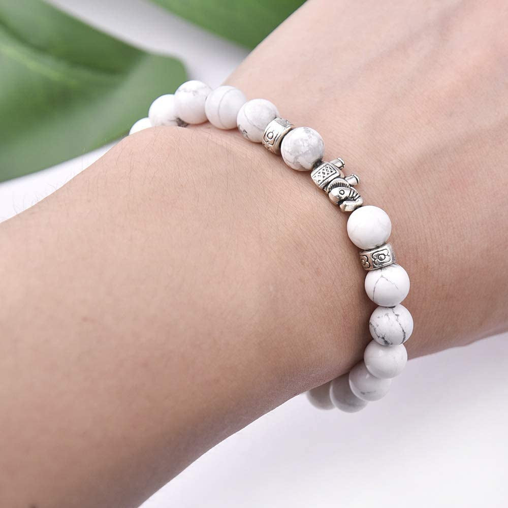 Gifts for Women Elephant Bracelet, 8Mm Natural White Howlite Bracelets for Women Men Stress Relief Yoga Bracelet Bead Bracelets for Women Elephant Gifts for Women Girls Apparel & Accessories > Jewelry > Bracelets M MOOHAM