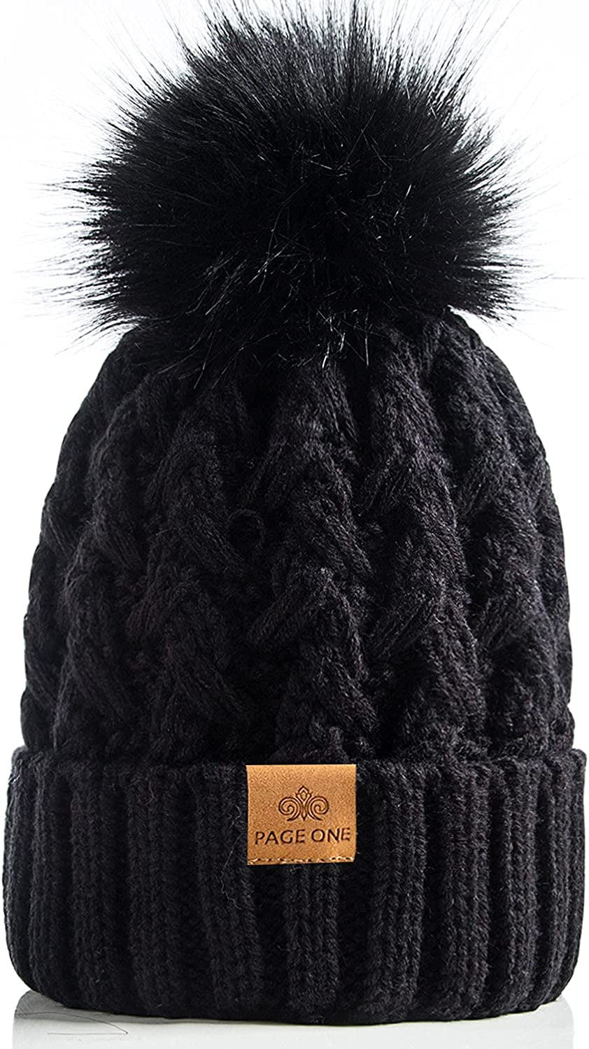 PAGE ONE Womens Winter Ribbed Beanie Crossed Cap Chunky Cable Knit Pompom Soft Warm Hat Apparel & Accessories > Clothing Accessories > Hats PAGE ONE Black