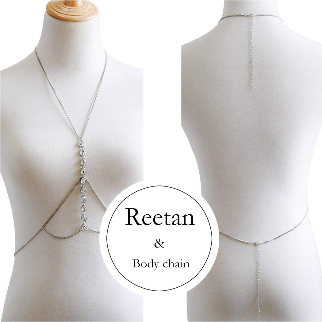 Reetan Boho Body Chain Rhinestone Bikini Chest Chains Beach Harness Chain Rave Party Body Jewelry Accessories for Women and Girls (Silver) Apparel & Accessories > Jewelry > Body Jewelry REETAN