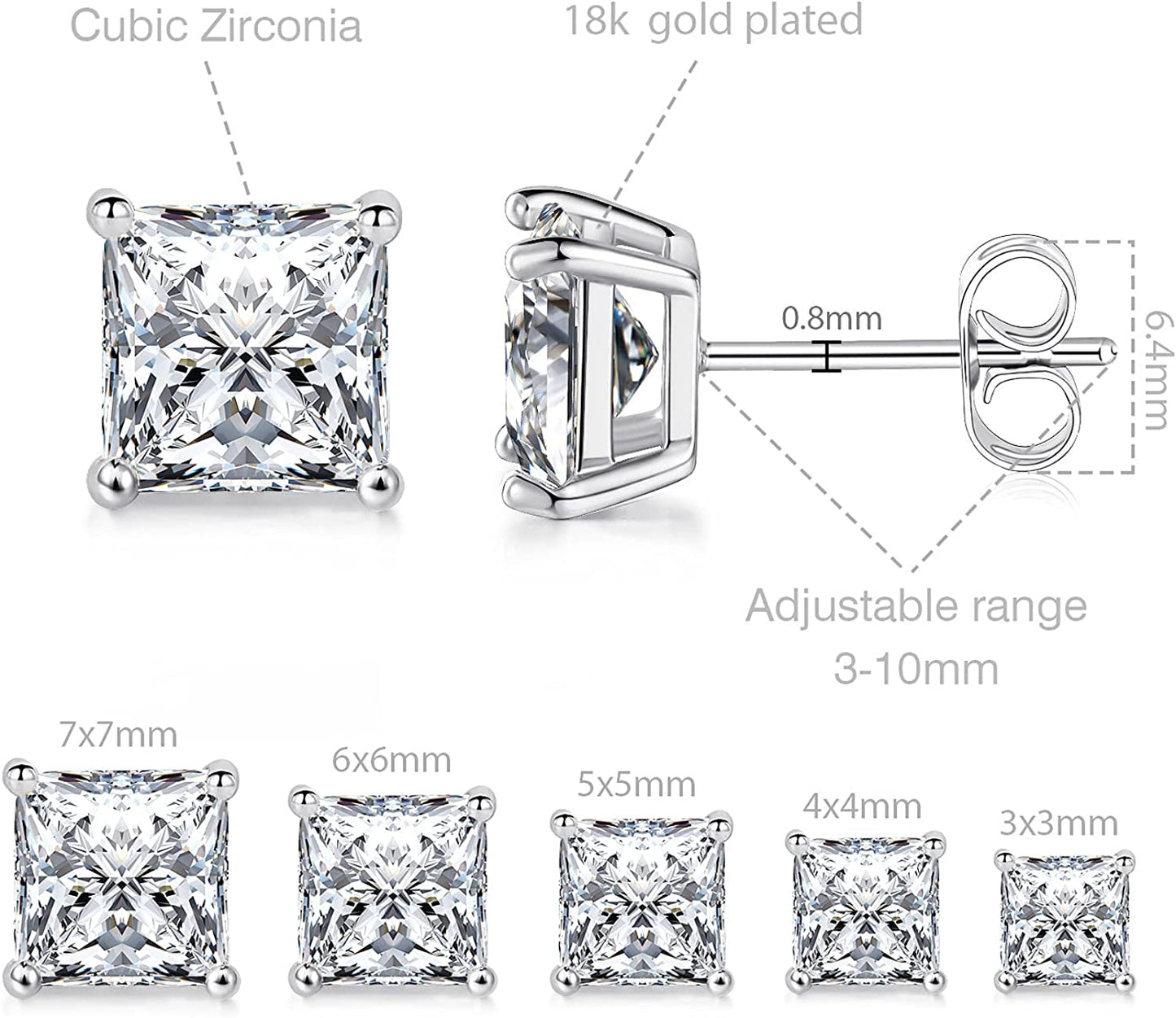 MDFUN 18K White Gold Plated Princess Cut Clear Cubic Zirconia Stud Earring Pack of 5 Pairs Apparel & Accessories > Jewelry > Earrings MDFUN