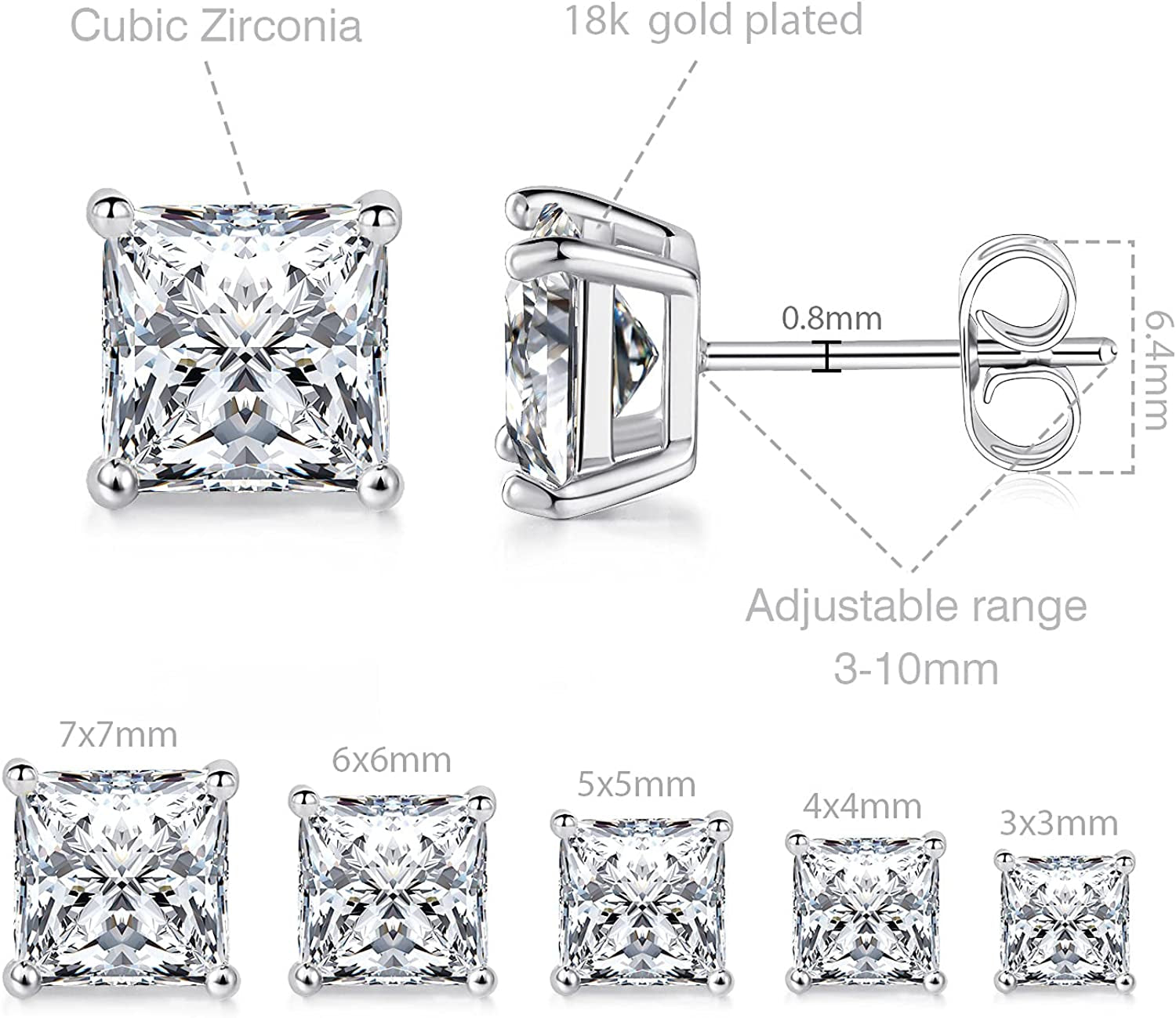 MDFUN 18K White Gold Plated Princess Cut Clear Cubic Zirconia Stud Earring Pack of 5 Pairs Apparel & Accessories > Jewelry > Earrings MDFUN