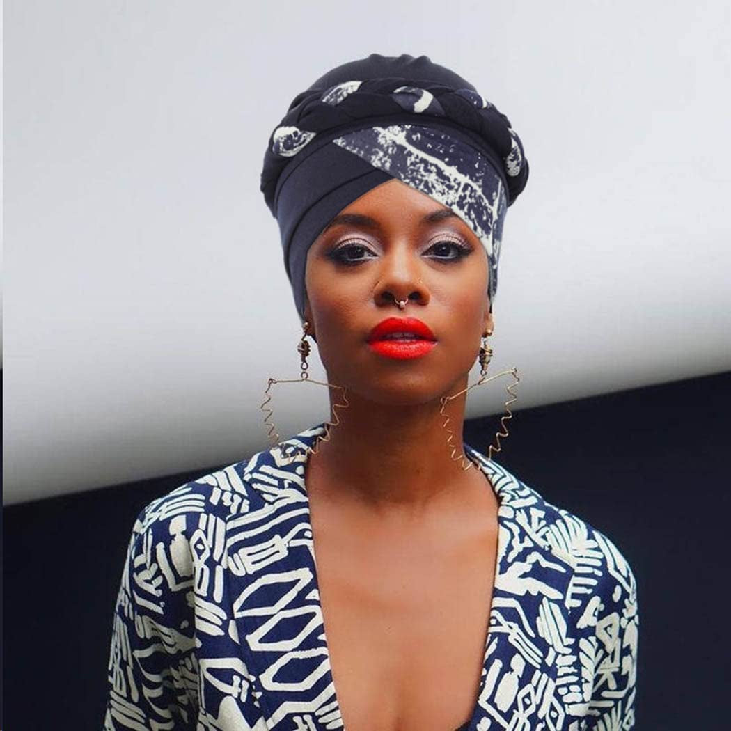 Woeoe African Turban Head Wraps Brown Pattern Head Scarf Pre-Tied Flower Print Head Cover Cap Headwear for Women and Girls(Pack of 2) Apparel & Accessories > Clothing Accessories > Headwear Woeoe