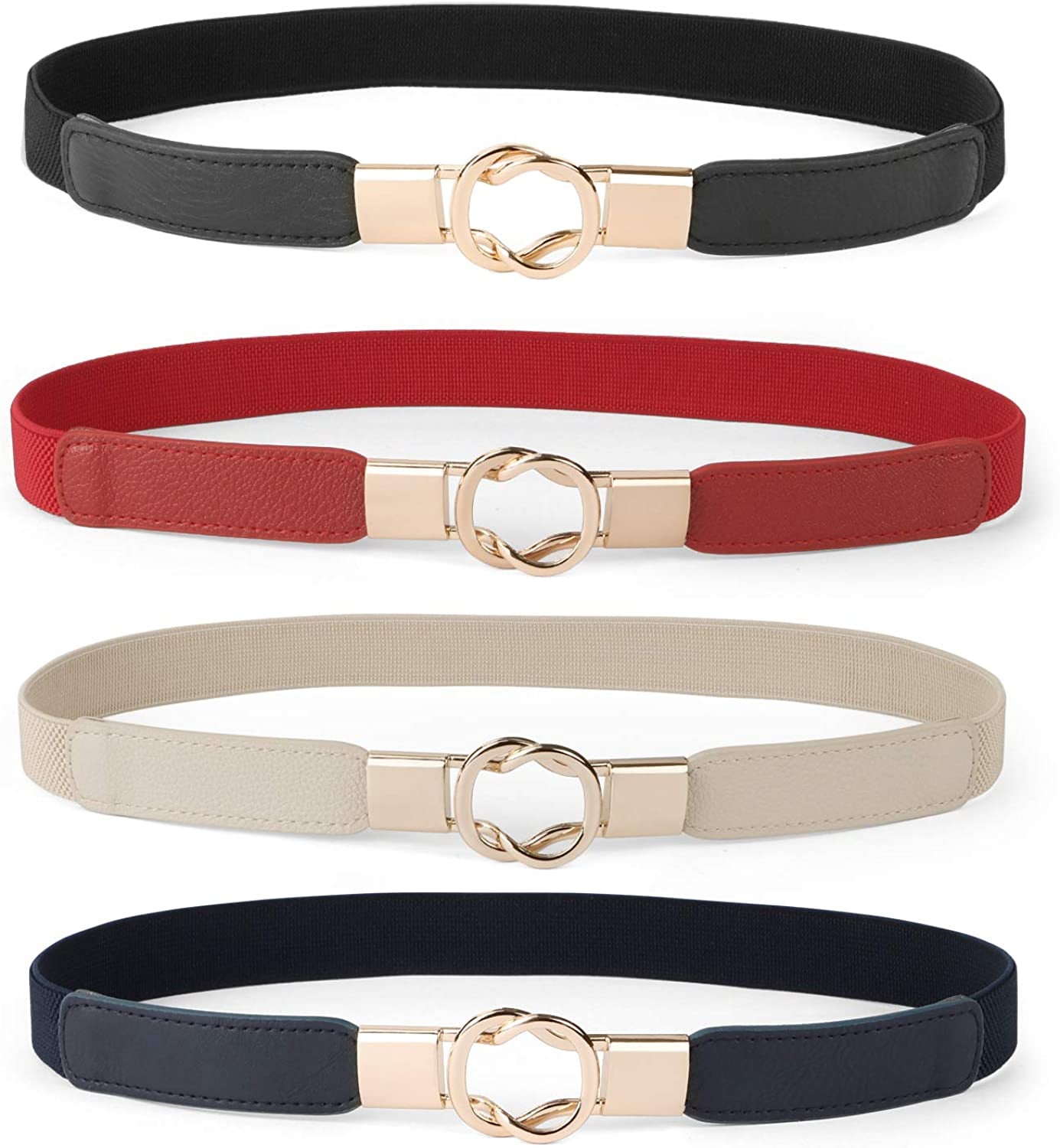 Women Skinny Belt for Dresses Retro Stretch Ladies Waist Belt plus Size Set of 4 Apparel & Accessories > Clothing Accessories > Belts WERFORU D-black+red+blue+beige Fits Waist 30"-42"