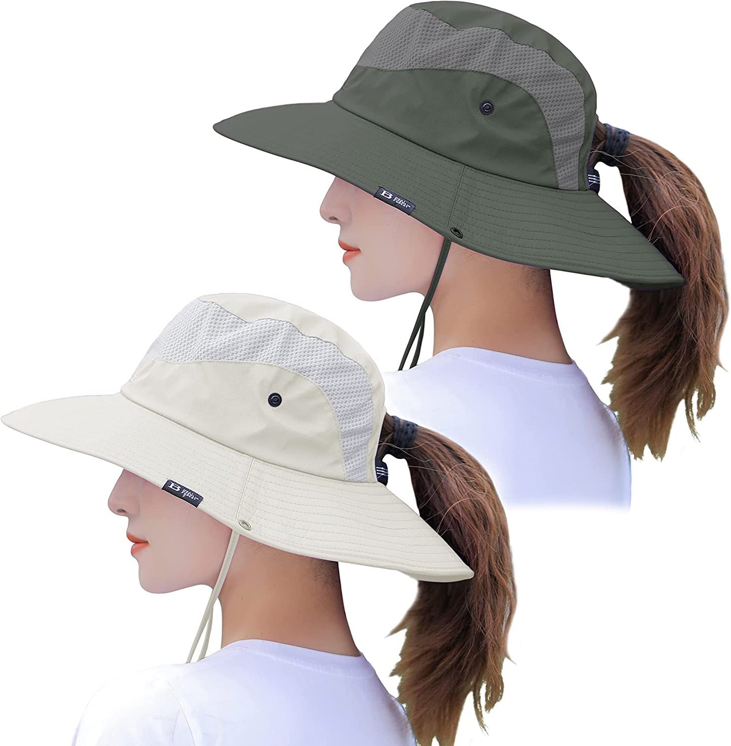Muryobao 2 Pack Womens Sun Hat Wide Brim UV Protection Beach Hats with Ponytail Hole Apparel & Accessories > Clothing Accessories > Hats Muryobao 2 Pack - Beige & Green