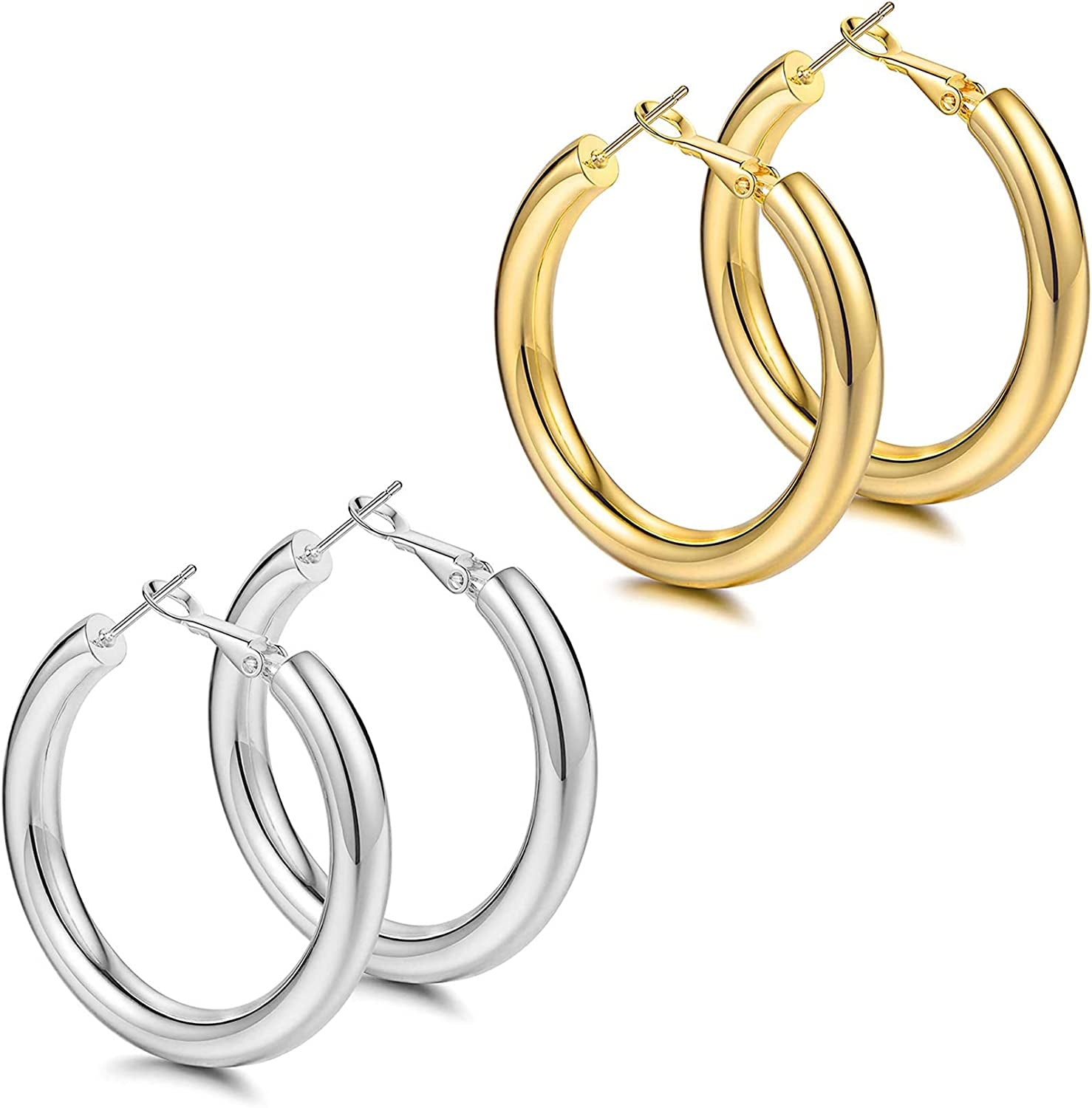 Thick Gold Hoop Earrings Lightweight Howllow Tube Hoops Chunky Gold for Women Hypoallergenic Big Earring 25Mm 30Mm 40Mm 50Mm Apparel & Accessories > Jewelry > Earrings BMMYE Gold+Silver-50mm