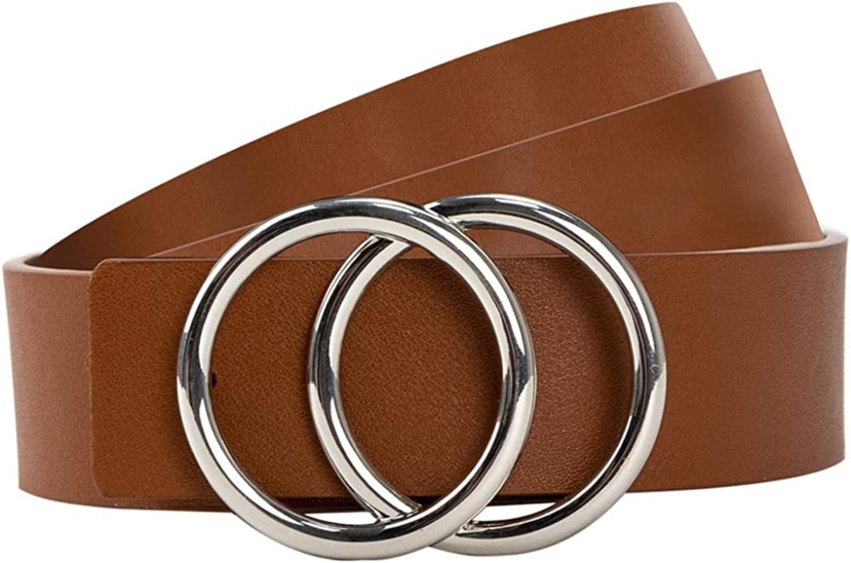 Women Leather Belt for Jeans Dress Waist Belts with Double Ring Buckle by LOKLIK Apparel & Accessories > Clothing Accessories > Belts LOKLIK Brown Silver Buckle M( 6-8 )fit waist from 32''-37''