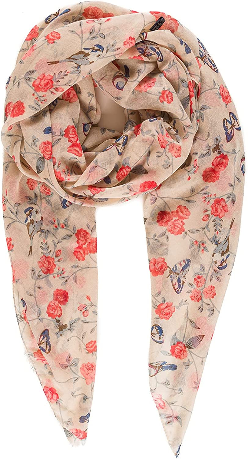 Scarf for Women Lightweight Floral Flower Scarves for Spring Spring Fall Winter Shawl Wrap Apparel & Accessories > Clothing Accessories > Scarves & Shawls MELIFLUOS DESIGNED IN SPAIN Barcelona Collection 8 - Beige Floral and Birds