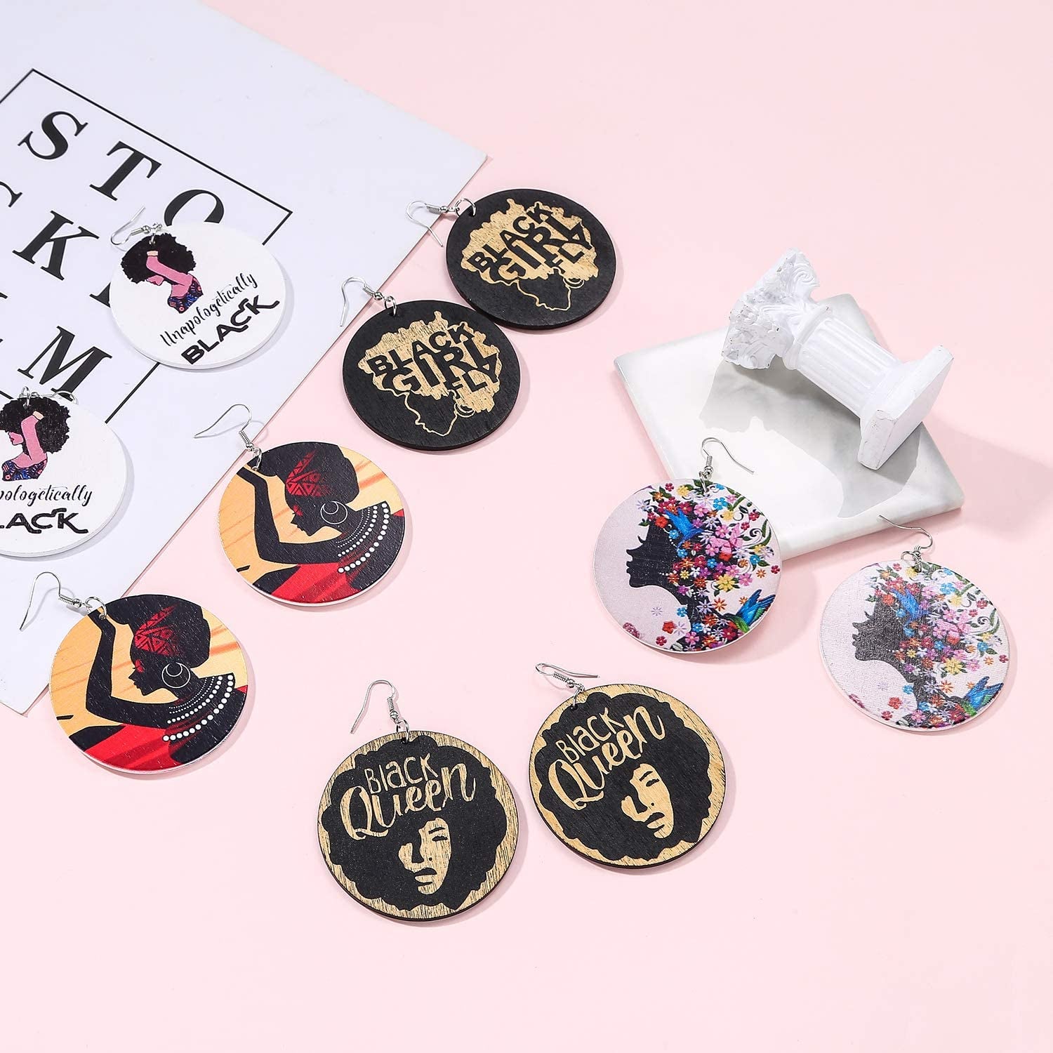 Honsny 9-12 Pairs African Wooden Earrings for Women round Wooden Painted Ethnic Earrings Drop Dangle Earrings Set Apparel & Accessories > Jewelry > Earrings Honsny