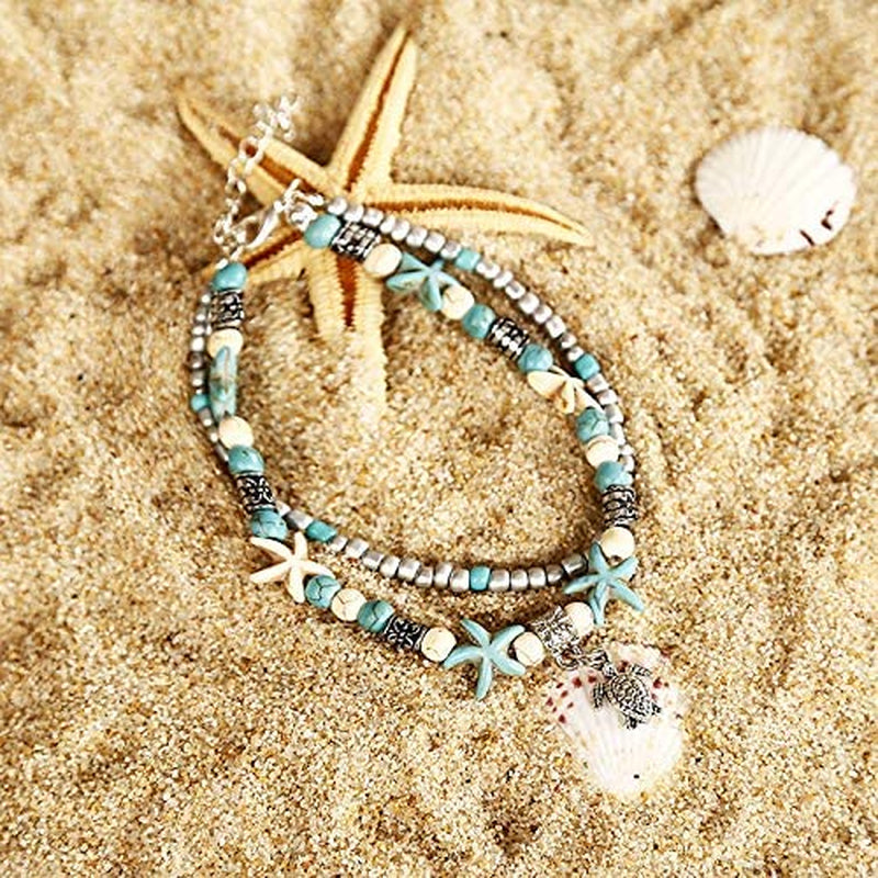 Softones Blue Starfish Turtle Anklet Multilayer Charm Beads Sea Handmade Boho Anklet Foot Jewelry for Women Girl Apparel & Accessories > Jewelry > Anklets Softones