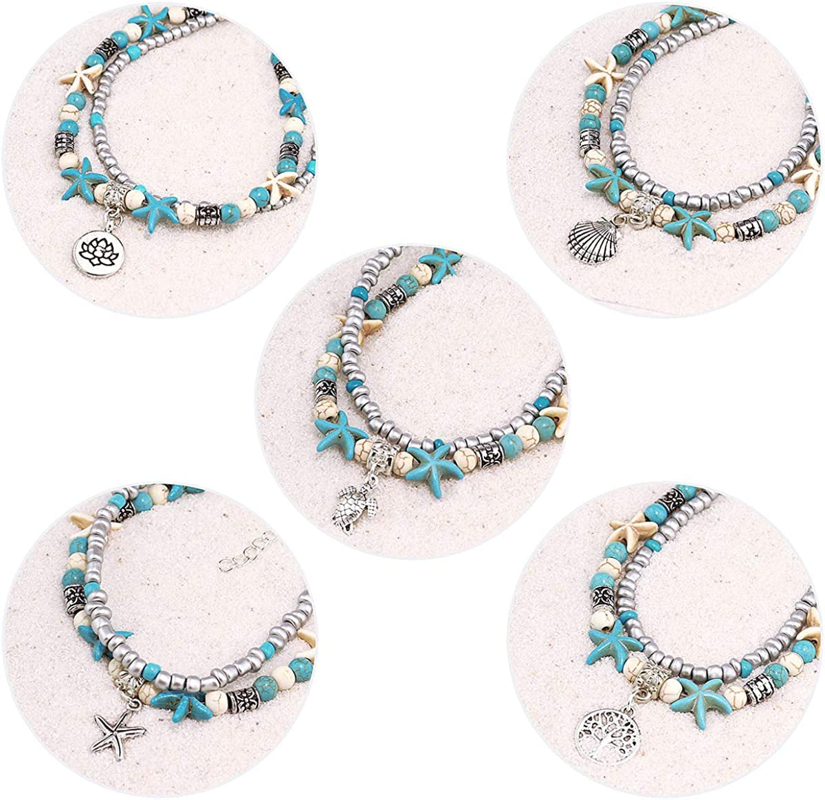 Suyi 5Pcs Layered Beach Anklets for Women Girls Adjustable Sea Turtle Anklets Bracelets Boho Anklet Foot Jewelry Apparel & Accessories > Jewelry > Anklets Suyi