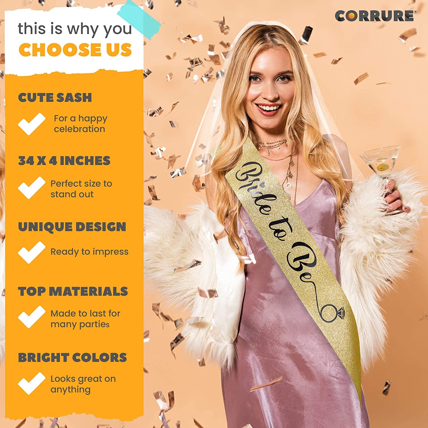 CORRURE 'Bride to Be' Sash for Bachelorette Party - Bridal Shower Gold Glitter Sash with Black Foil Lettering - Hen Party Decorations Supplies Accessories, Wedding Engagement Party Favors Gift Apparel & Accessories > Clothing Accessories > Sashes CORRURE