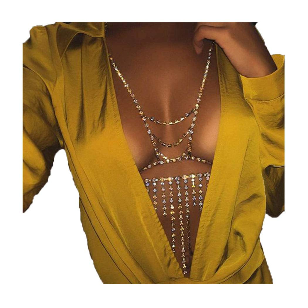 Jeweky Boho Rhinestone Body Chain Gold Crystal Harness Body Jewelry Beach Bikini Bra Jewelry for Women and Girls Apparel & Accessories > Jewelry > Body Jewelry Artist Unknown