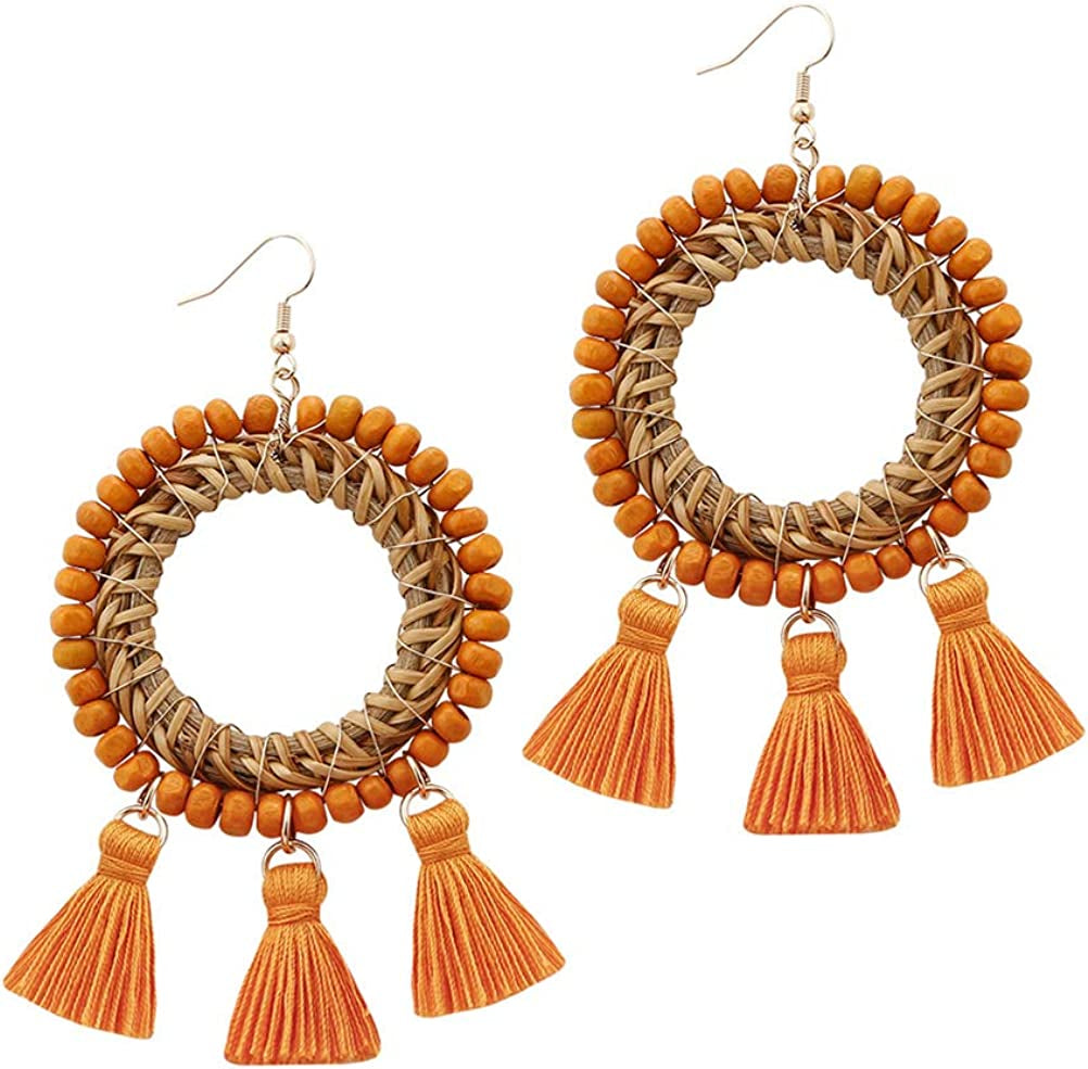 Bohemian Rattan Wooden Beads Fish Hook Circle/Teardrop Earrings Dangle Drop Jewelry for Women Girls Apparel & Accessories > Jewelry > Earrings VEETOO Round Orange