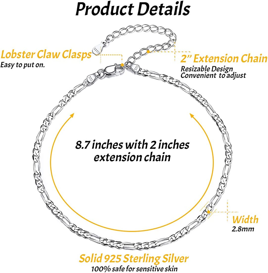 Chicsilver 925 Sterling Silver Ankle Bracelet for Women, Simple Durable Cuban Link/Figaro/Twist Rope Chain Anklets for Beach Party(With Gift Box) Apparel & Accessories > Jewelry > Anklets ChicSilver Jewelry