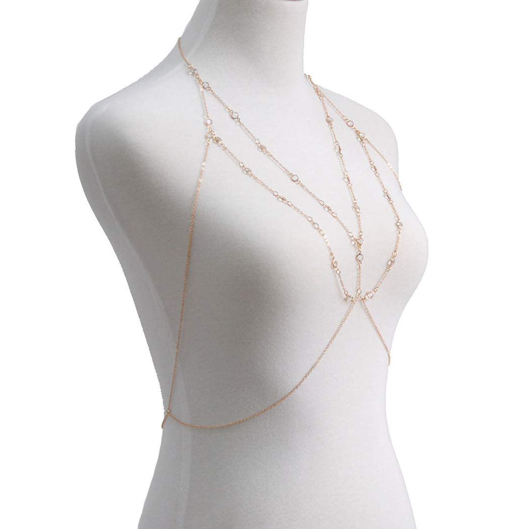 Asooll Layer Crystal Body Chain Rhinestone Bra Beach Bikini Chains Harness Chain Party Nightclub Body Accessories Jewelry for Women and Girls (Gold) Apparel & Accessories > Jewelry > Body Jewelry Asooll
