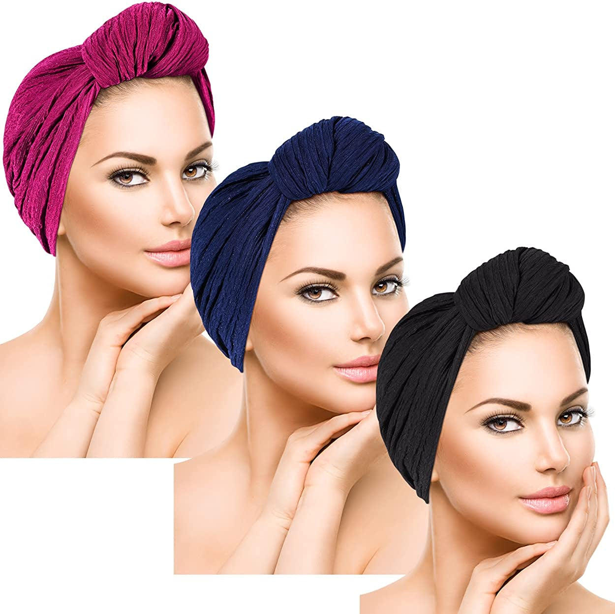 DANMY Women'S Beanie Turban Hats, Indian Hats Headscarves, Beanie Hats for Women,Turban for Women Apparel & Accessories > Clothing Accessories > Headwear DANMY 3pcs-rose-red/Navy/Black