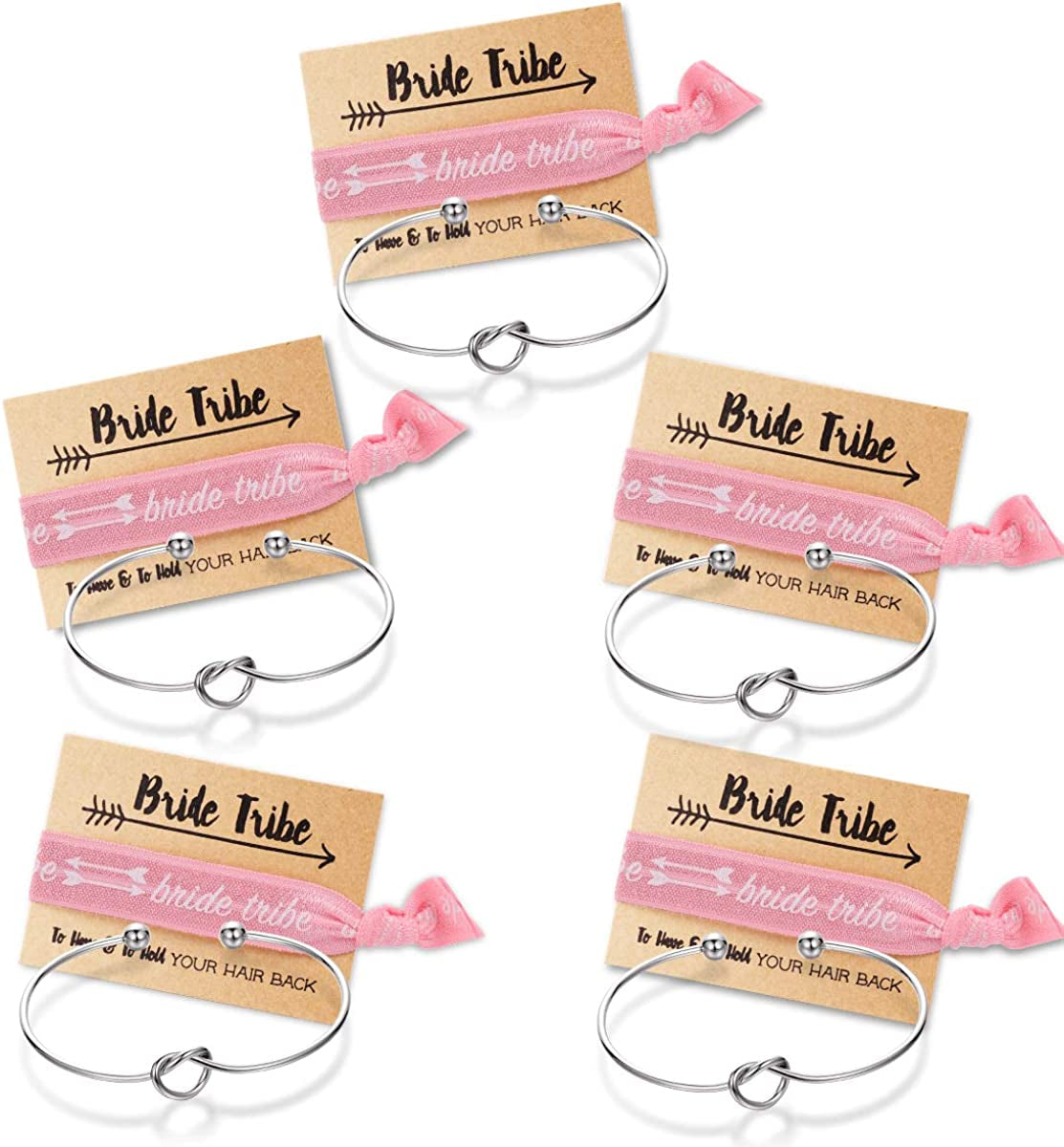 Bridesmaid Bracelets-Ikooo 5 Pcs Love Knot Open Bangle with Bride Tribe Hair Tie for Best Friend, BFF of the Bride Wedding Gift Apparel & Accessories > Jewelry > Bracelets MOOKOO 5 silver with har tie