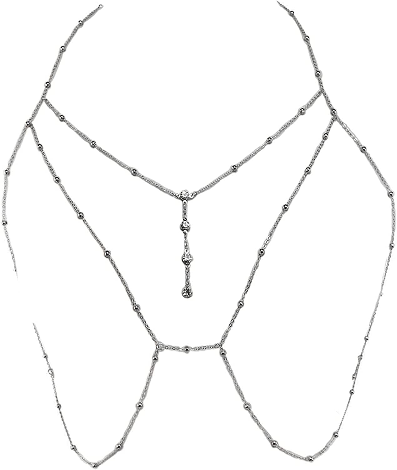 Sexy Rhinestone Bead Tassel Bikini Bra Body Chain for Women Girl Teen Exaggerated 14K Gold Silver Plated Seed Necklace Adjustable Summer Beach Body Jewelry Apparel & Accessories > Jewelry > Body Jewelry Caiyao D silver-2