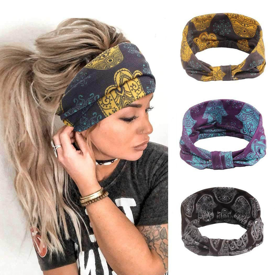 Earent Boho African Headbands Yoga Wide Knot Hair Bands Sweat Printed Headwraps Elastic Turban Headscarfs Multicolor Headwear Outdoor Hair Accessories for Women and Girls (Z-Black) Apparel & Accessories > Clothing Accessories > Headwear Earent Boho 3