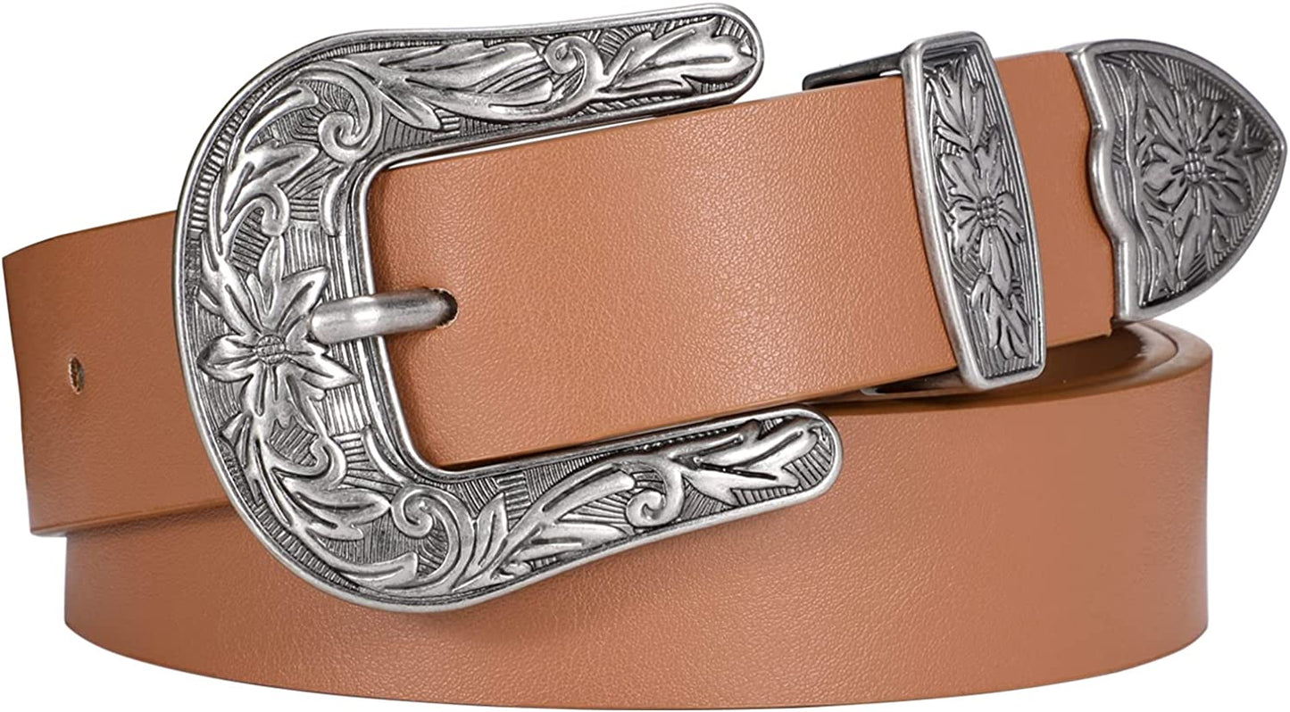 Women Leather Belts Ladies Vintage Western Design Black Waist Belt for Pants Jeans Dresses Apparel & Accessories > Clothing Accessories > Belts KYLIE MAX H-brown Suit Waist Size 23"-27"