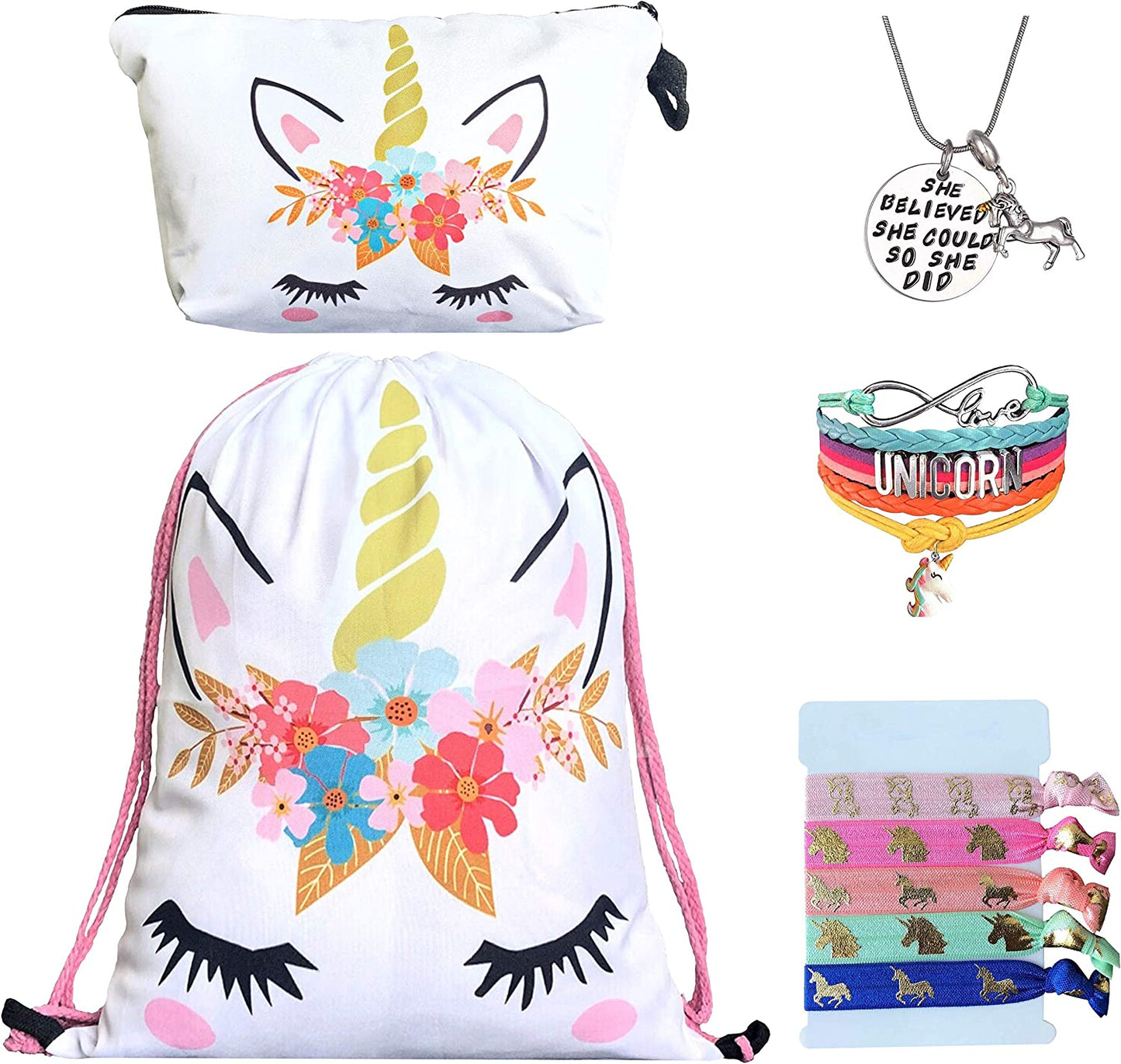 Unicorn Gifts for Girls - Unicorn Drawstring Backpack/Makeup Bag/Bracelet/Inspirational Necklace/Hair Ties (Flower Unicorn) Apparel & Accessories > Jewelry > Bracelets Doctor Unicorn White Flower