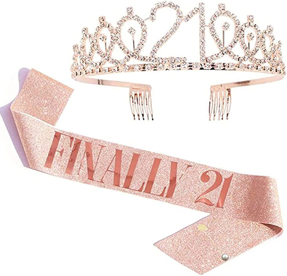 LATFZ Finally 21 Birthday Tiara and Sash - I'M 21 Bitches Satin Sash Crystal Tiara 21St Birthday Girl Crown 4 Colors Apparel & Accessories > Clothing Accessories > Sashes LATFZ Finally 21