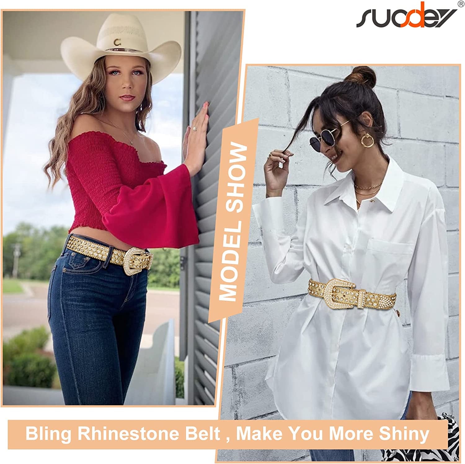 Men Women Fashion Rhinestone Belt SUOSDEY Western Cowgirl Bling Studded Design Leather Diamond Belt for Jeans Dress Apparel & Accessories > Clothing Accessories > Belts SUOSDEY