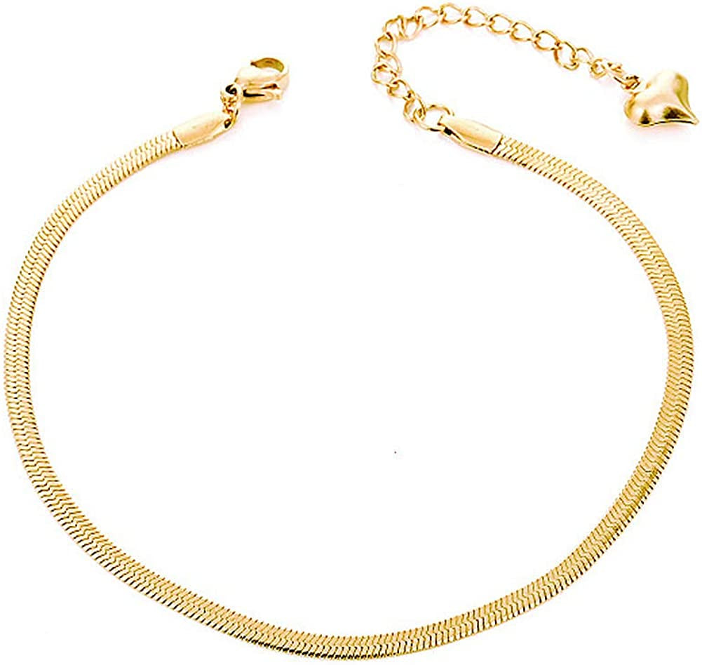 QJLE 18K Gold Plated Flat Snake Chain Link Dainty Ankle Bracelets for Women, Boho Cute Summer Beach Anklet Adjustable Foot Jewelry Apparel & Accessories > Jewelry > Anklets QJLE 3mm Gold