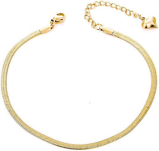 QJLE 18K Gold Plated Flat Snake Chain Link Dainty Ankle Bracelets for Women, Boho Cute Summer Beach Anklet Adjustable Foot Jewelry Apparel & Accessories > Jewelry > Anklets QJLE 3mm Gold