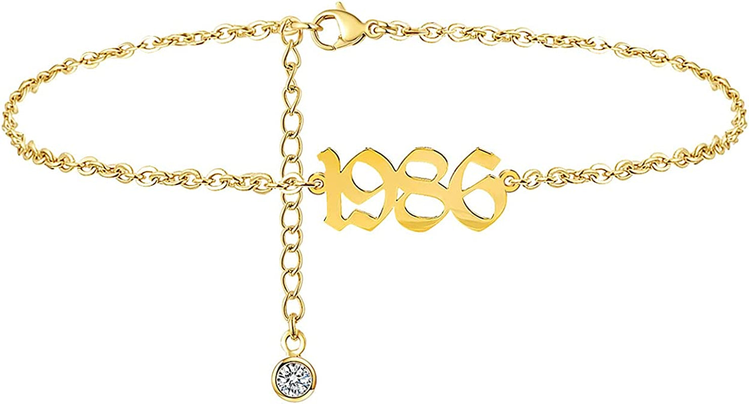 JYUEDA Birth Year Anklet Bracelet for Women,Beach Foot Chain Cute Ankle Bracelet,14K Gold Plated Anklets for Women Teen Girls Apparel & Accessories > Jewelry > Anklets JYUEDA 1986