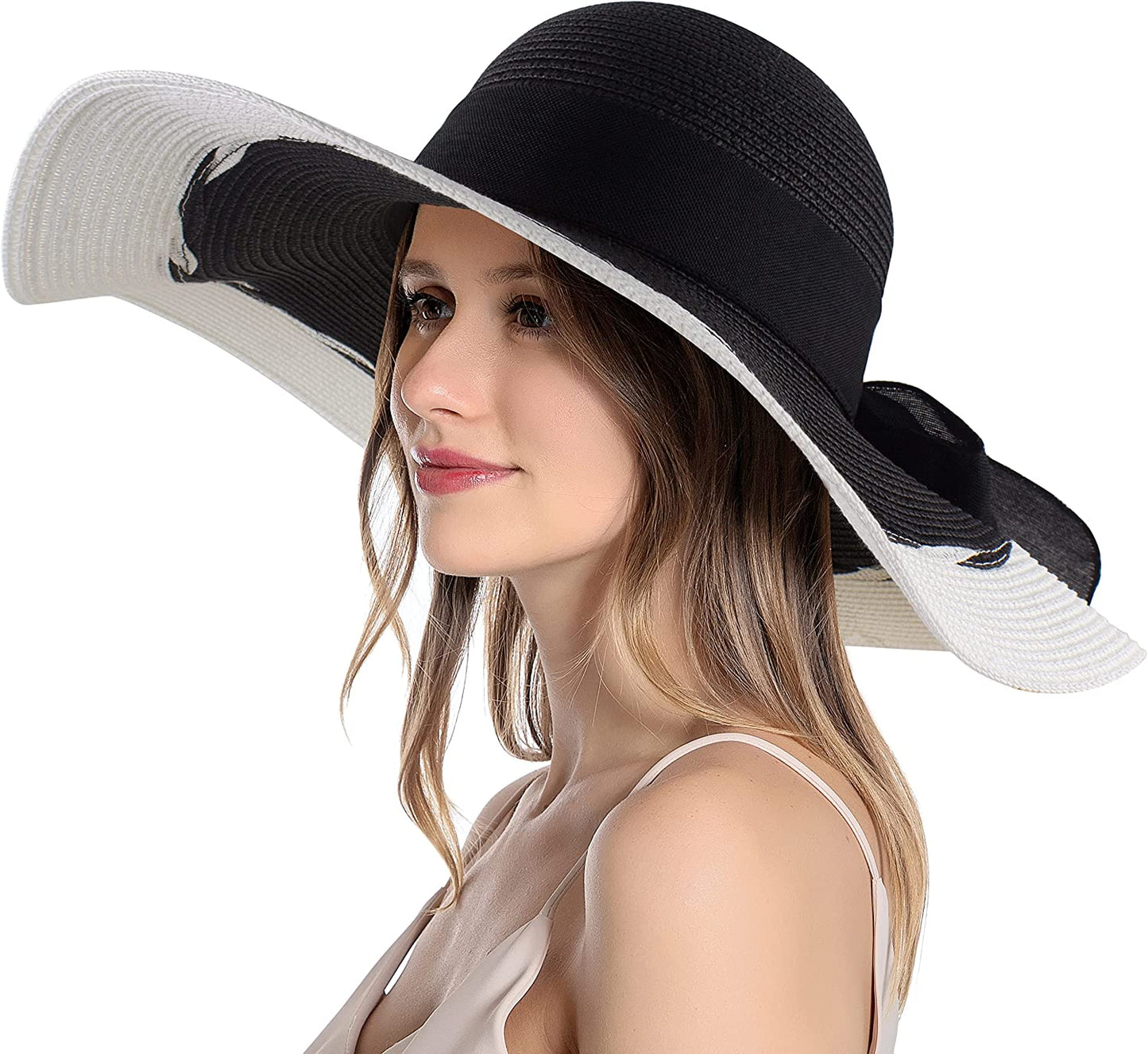 Muryobao Womens Sun Straw Hat Wide Brim UV UPF 50 Summer Hat Foldable Roll up Floppy Beach Cap for Women Apparel & Accessories > Clothing Accessories > Hats Muryobao White-black Mix