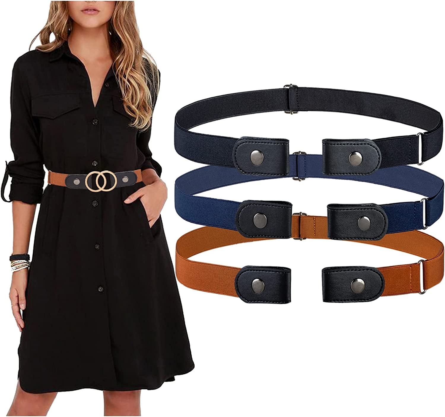 MSTOKIN No Buckle Stretch Belt Invisible Elastic Buckleless Belts for Jeans Double O Ring Belt for Waist Dress Pack of 4,2 Apparel & Accessories > Clothing Accessories > Belts MSTOKIN Black/Navy Blue/Coffee