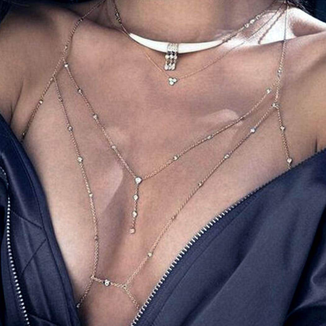 Blindery Sexy Body Chain Rhinestone Silver Chain Bra Layered Body Jewelry Crystal Waist Chain Beaded Body Accessory for Women Apparel & Accessories > Jewelry > Body Jewelry Blindery
