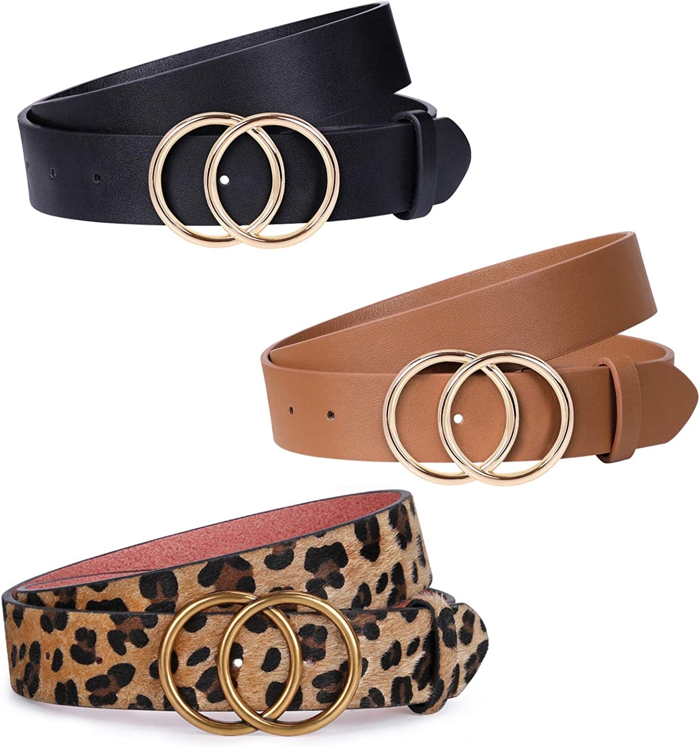 JASGOOD 3 Pack Women Leather Belt for Jeans Pants, Ladies Waist Belts with Double O-Ring Buckle Apparel & Accessories > Clothing Accessories > Belts KYLIE MAX A-black+leopard+brown Fit Pants Size 28"-33"