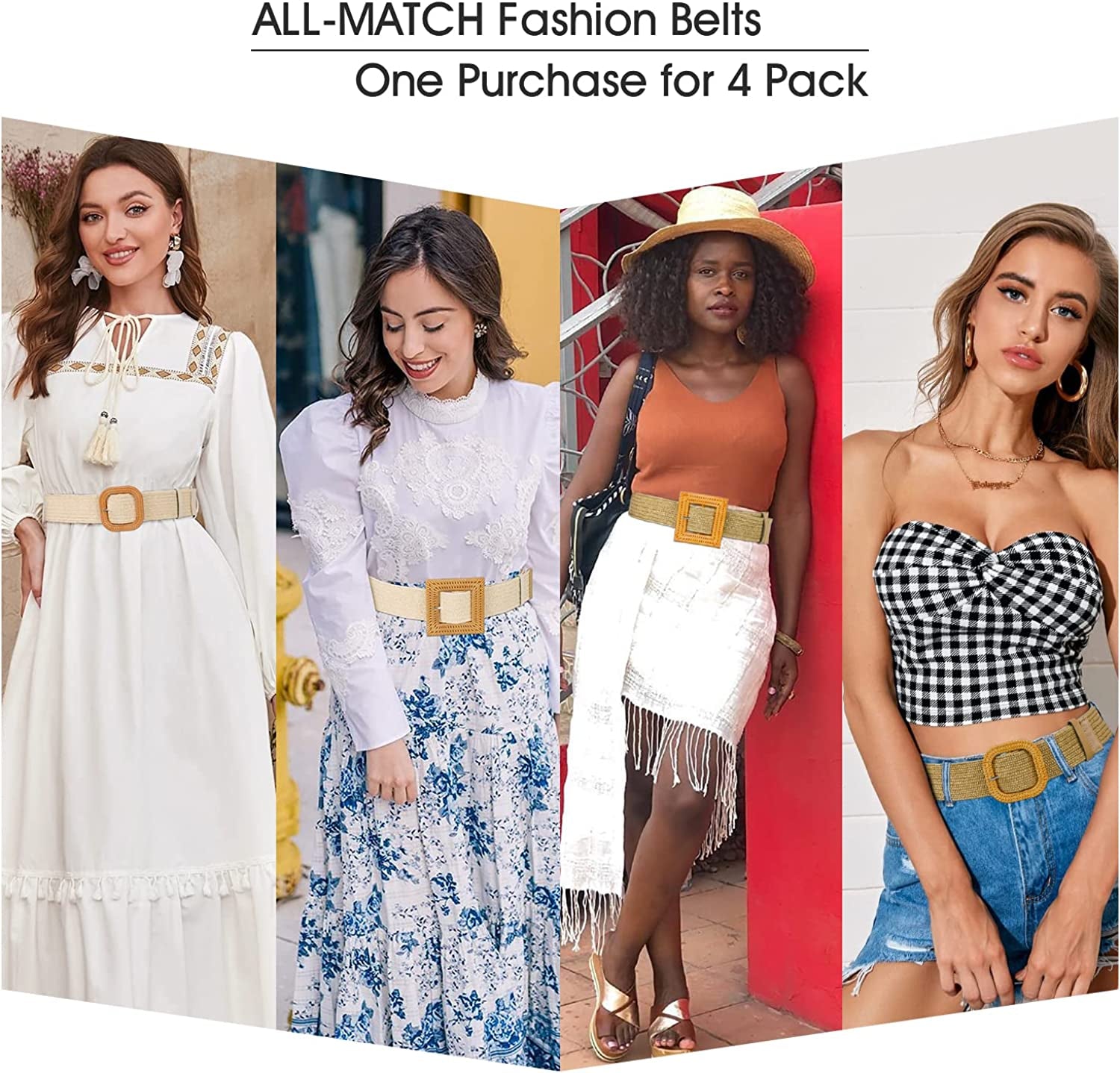 Set of 4 Straw Woven Elastic Stretch Waist Belts for Women, Fashion Boho Ladies Braided Skinny Dress Belt by WHIPPY Apparel & Accessories > Clothing Accessories > Belts WHIPPY