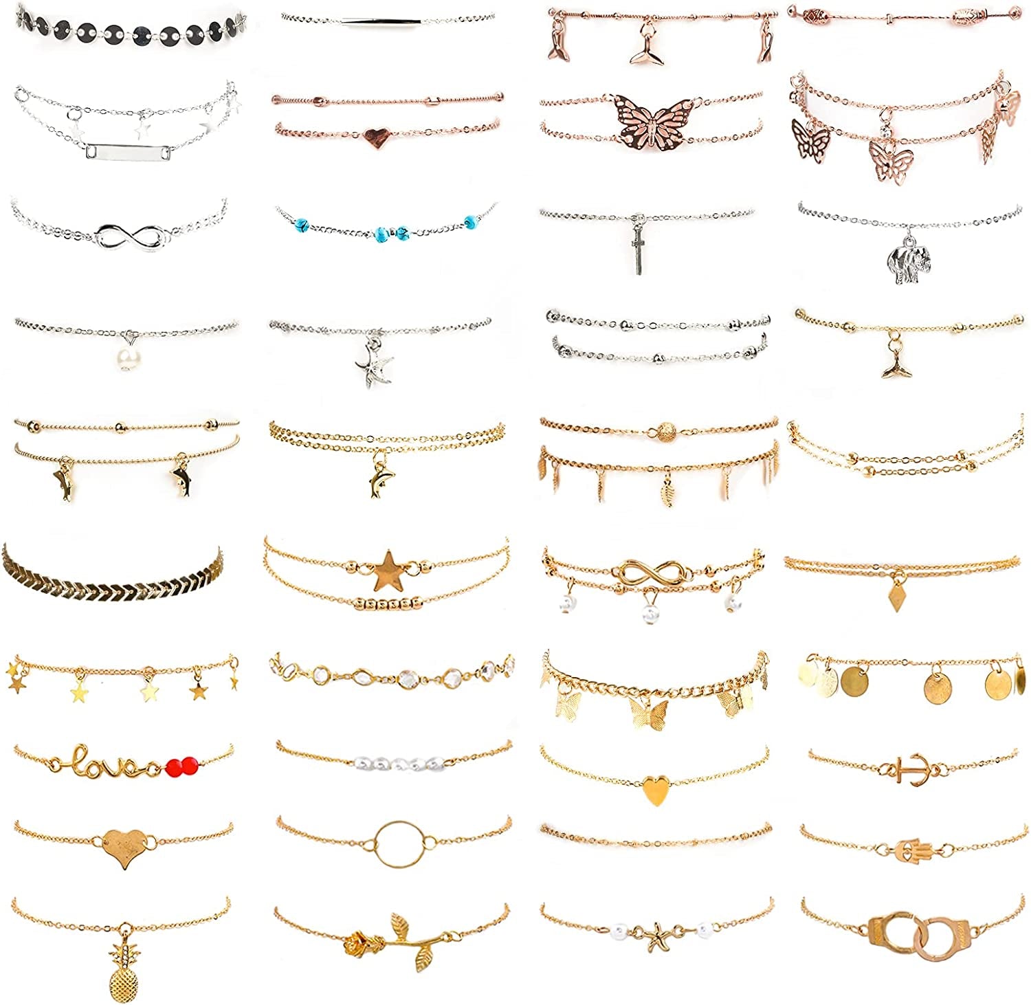 ESRICH 30/40PCS Ankle Bracelets for Women Girls Set, Gold Silver Rose Gold Three Style Jewelry Anklets for Women Beach Jewelry Gifts Adjustable Size Beach Anklet Set Apparel & Accessories > Jewelry > Anklets ESRICH 25 Gold 10Silver5 Rose Gold Ankles