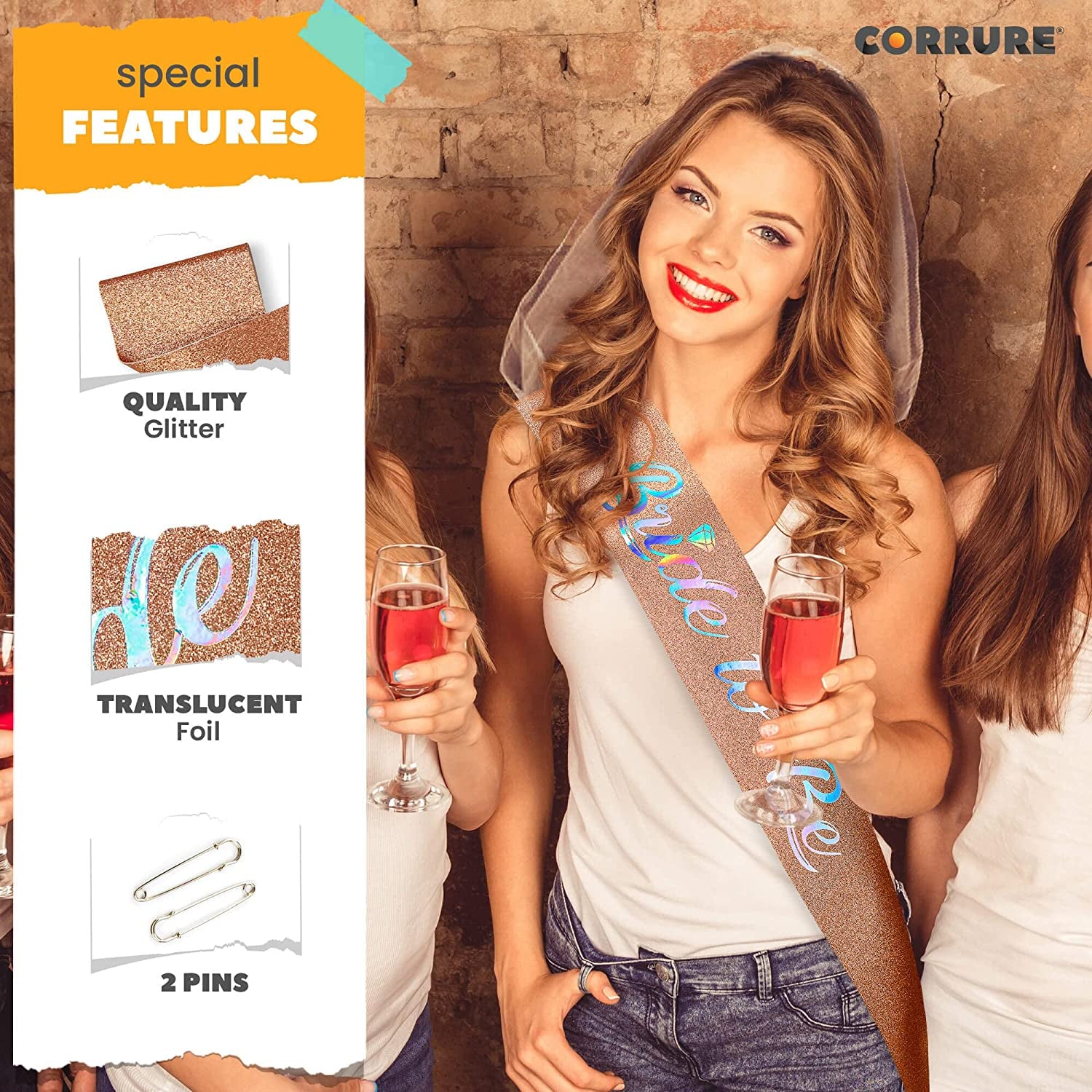 CORRURE 'Bride to Be' Sash for Bachelorette Party - Bridal Shower Rose Gold Glitter Sash with Multicolor Foil Lettering - Hen Party Decorations Supplies Accessories, Wedding Engagement Party Favors Apparel & Accessories > Clothing Accessories > Sashes CORRURE