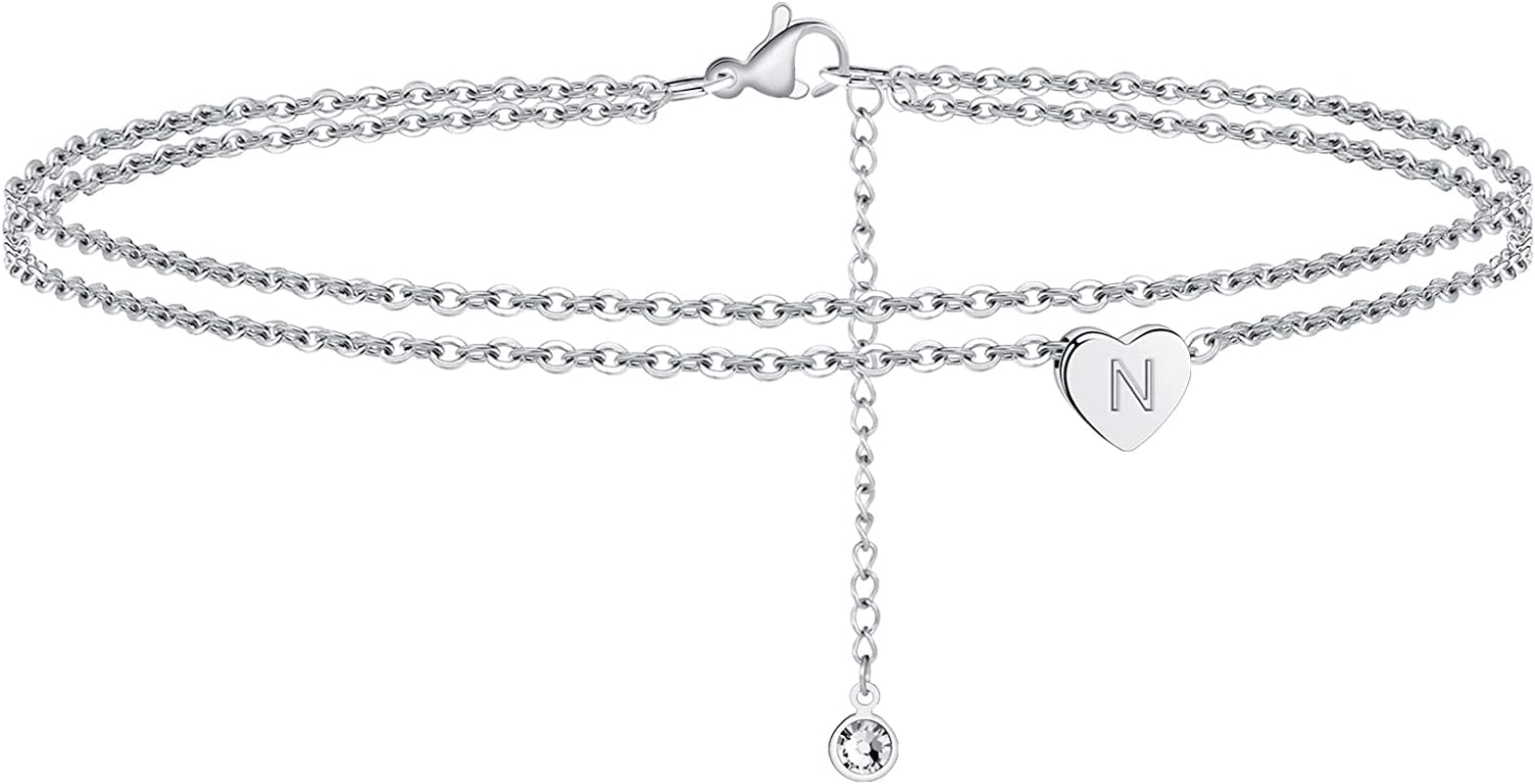 Turandoss Silver Heart Initial Ankle Bracelets for Women, 14K White Gold Filled Handmade Dainty Layered Silver Anklet Letter Initial Heart Ankle Bracelets for Women Silver Summer Foot Beach Jewelry Apparel & Accessories > Jewelry > Anklets Turandoss N