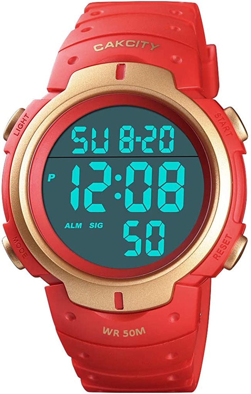 Cakcity Mens Digital Sports Watch LED Screen Large Face Military Watches for Men Waterproof Casual Luminous Stopwatch Alarm Simple Army Watch Red
