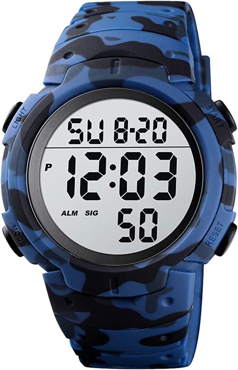 Cakcity Mens Digital Sports Watch LED Screen Large Face Military Watches for Men Waterproof Casual Luminous Stopwatch Alarm Simple Army Watch Blue Camouflage