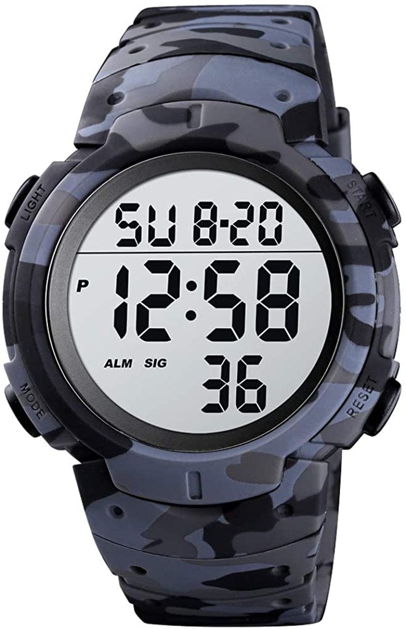 Cakcity Mens Digital Sports Watch LED Screen Large Face Military Watches for Men Waterproof Casual Luminous Stopwatch Alarm Simple Army Watch Grey Camouflage