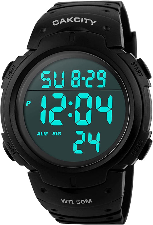 Cakcity Mens Digital Sports Watch LED Screen Large Face Military Watches for Men Waterproof Casual Luminous Stopwatch Alarm Simple Army Watch Black