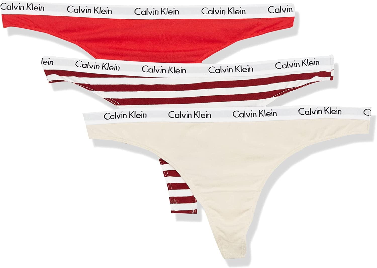 Calvin Klein Women'S Carousel Logo Cotton Thong Multipack Panty Tapioca/Exact/Rainer Stripe_red Carpet / Medium