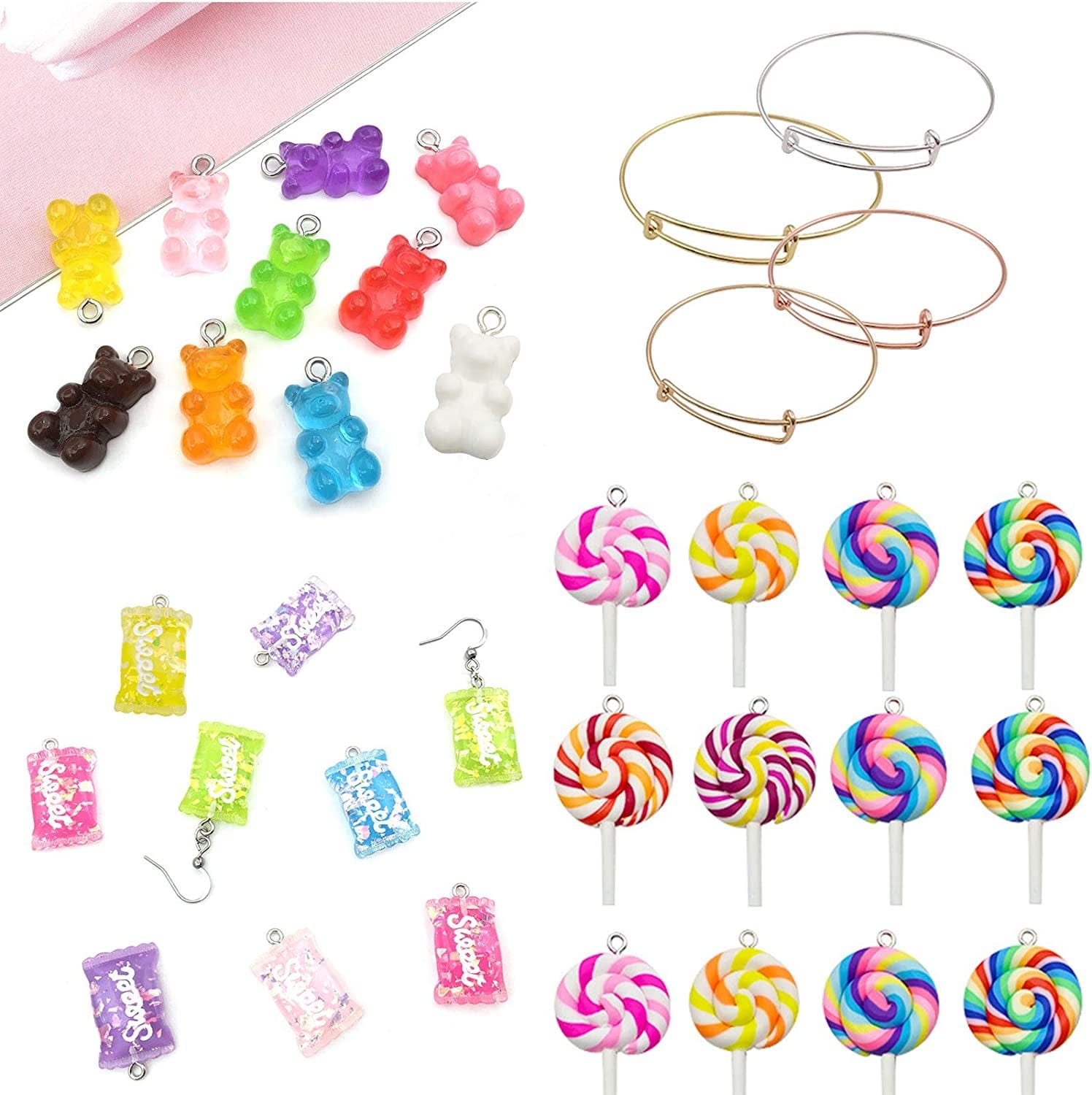 Candy Pendant Bracelet Charms, 182 Pieces Colorful Keychains Bracelet Pendant Charms with Bear Charms Pendants, Candy Charm Pendants, Earhooks, Jump Rings, Flower Pendants, Pink Box