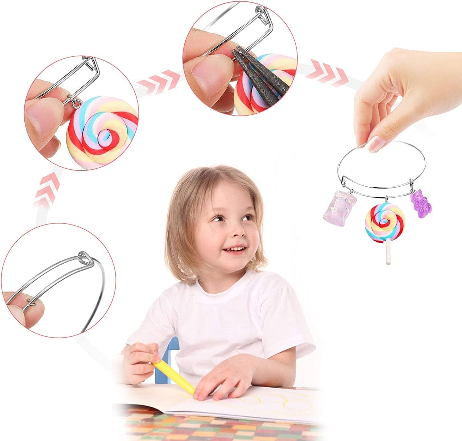 Candy Pendant Bracelet Charms, 182 Pieces Colorful Keychains Bracelet Pendant Charms with Bear Charms Pendants, Candy Charm Pendants, Earhooks, Jump Rings, Flower Pendants, Pink Box