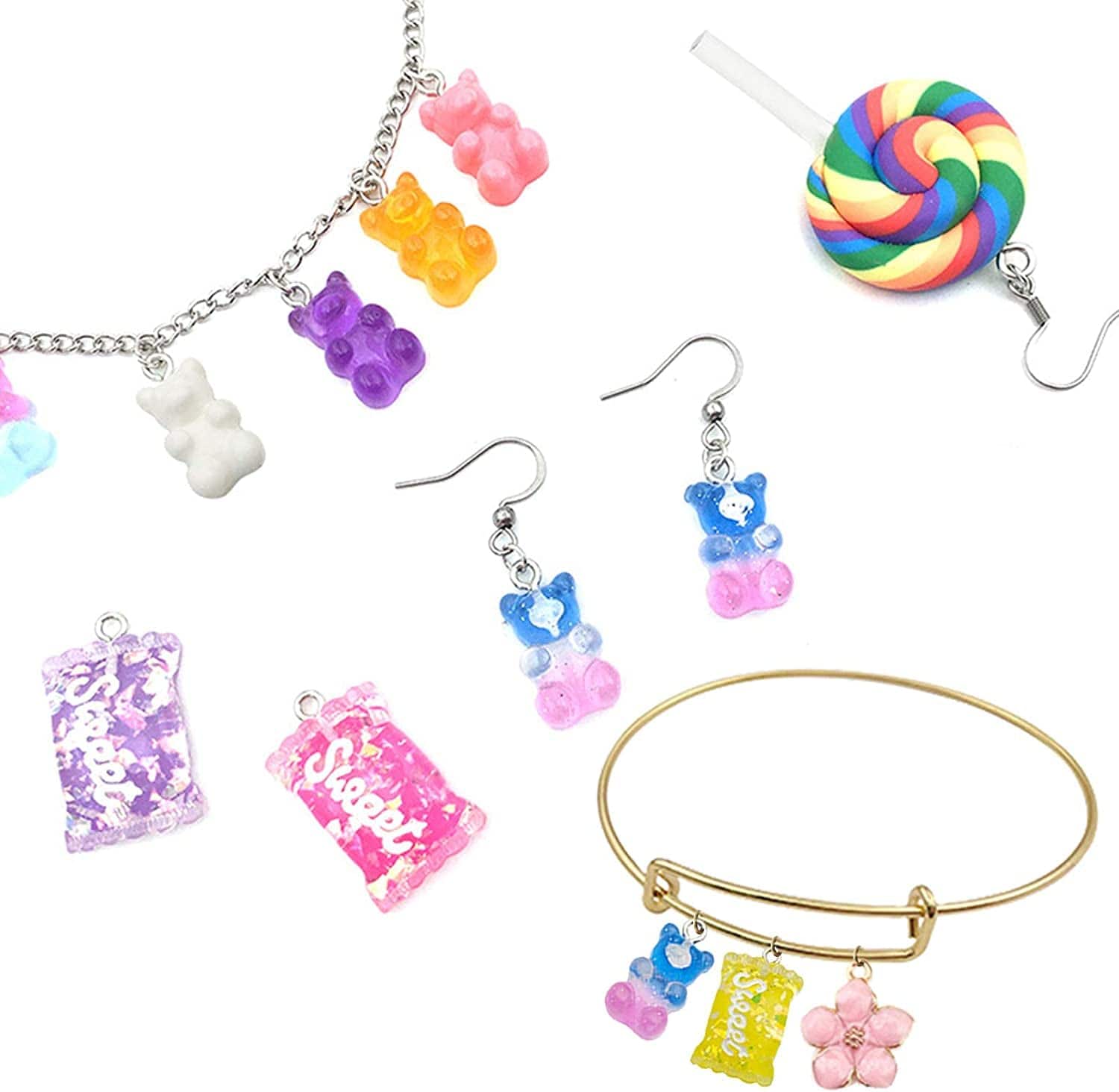 Candy Pendant Bracelet Charms, 182 Pieces Colorful Keychains Bracelet Pendant Charms with Bear Charms Pendants, Candy Charm Pendants, Earhooks, Jump Rings, Flower Pendants, Pink Box