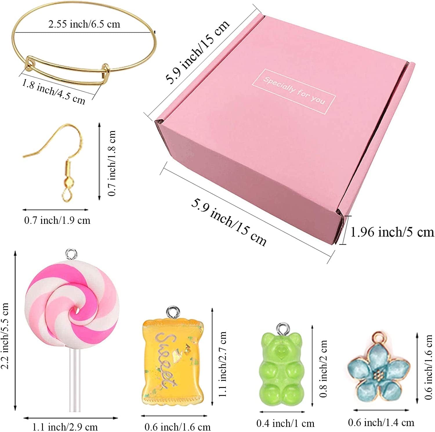 Candy Pendant Bracelet Charms, 182 Pieces Colorful Keychains Bracelet Pendant Charms with Bear Charms Pendants, Candy Charm Pendants, Earhooks, Jump Rings, Flower Pendants, Pink Box