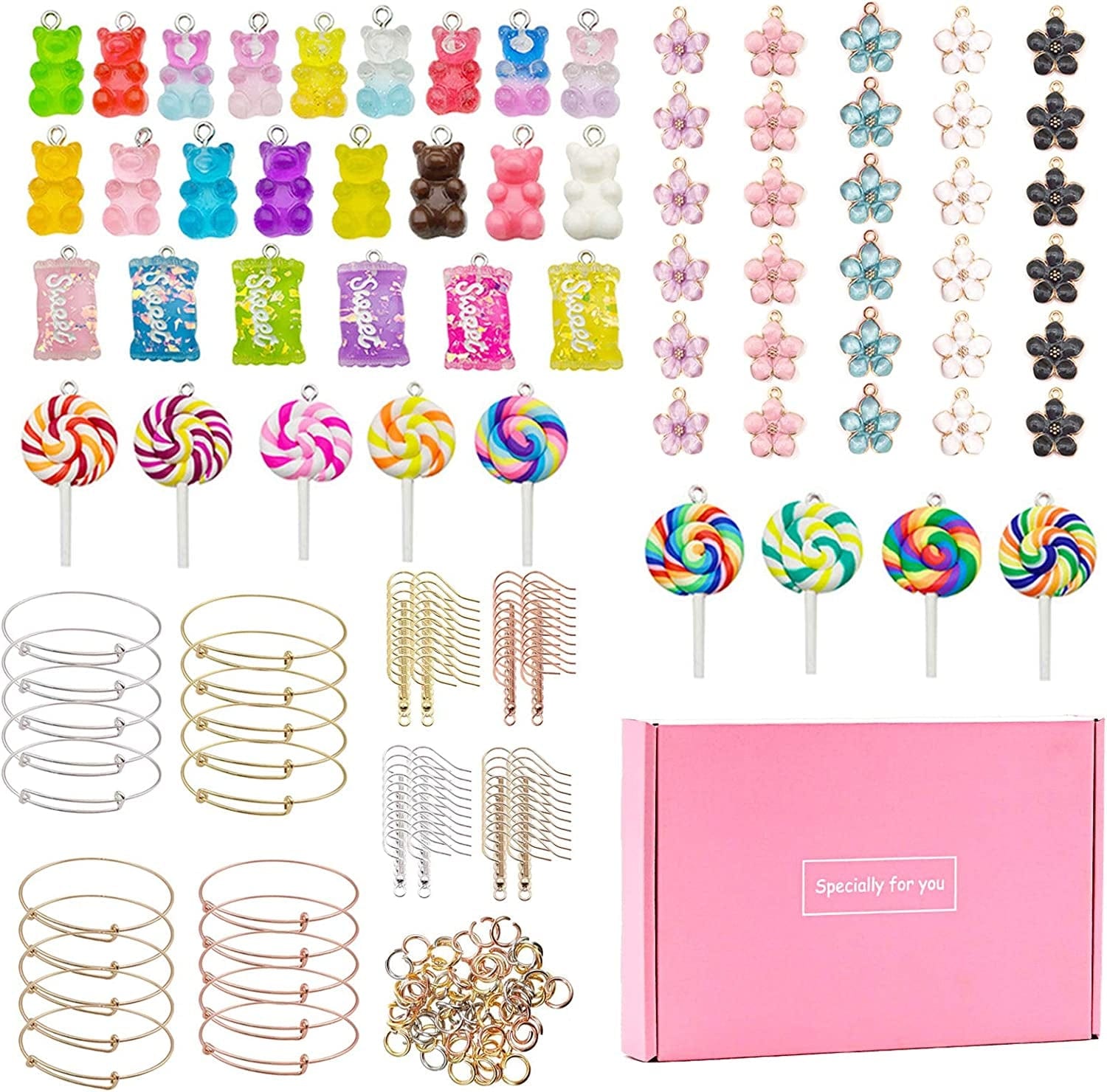 Candy Pendant Bracelet Charms, 182 Pieces Colorful Keychains Bracelet Pendant Charms with Bear Charms Pendants, Candy Charm Pendants, Earhooks, Jump Rings, Flower Pendants, Pink Box