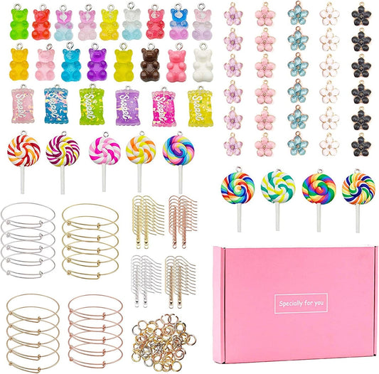 Candy Pendant Bracelet Charms, 182 Pieces Colorful Keychains Bracelet Pendant Charms with Bear Charms Pendants, Candy Charm Pendants, Earhooks, Jump Rings, Flower Pendants, Pink Box