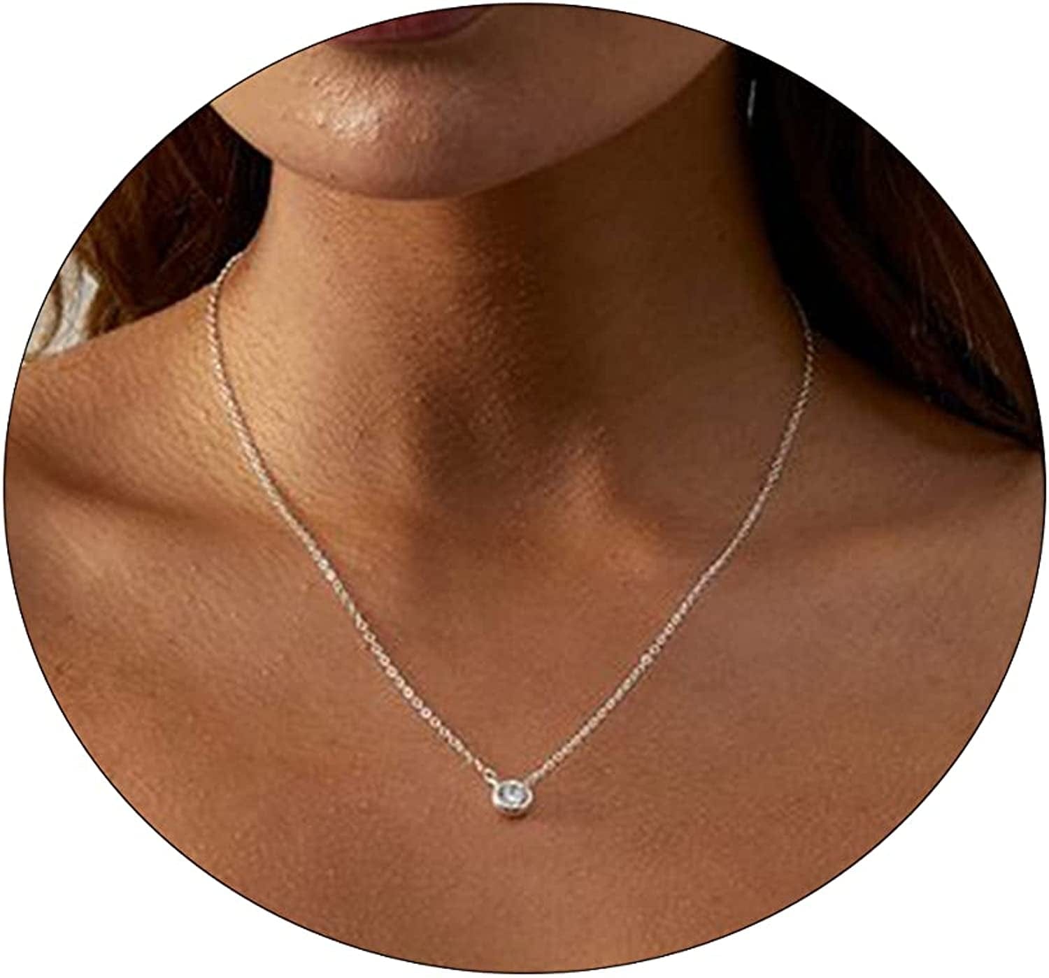 Carovo CZ Solitaire Choker Pendant Necklace for Women Dainty Cubic Zirconia Necklace 14K Gold Planted Diamond Solitaire Choker Chain Pendant Necklace for Women Round CZ-silver